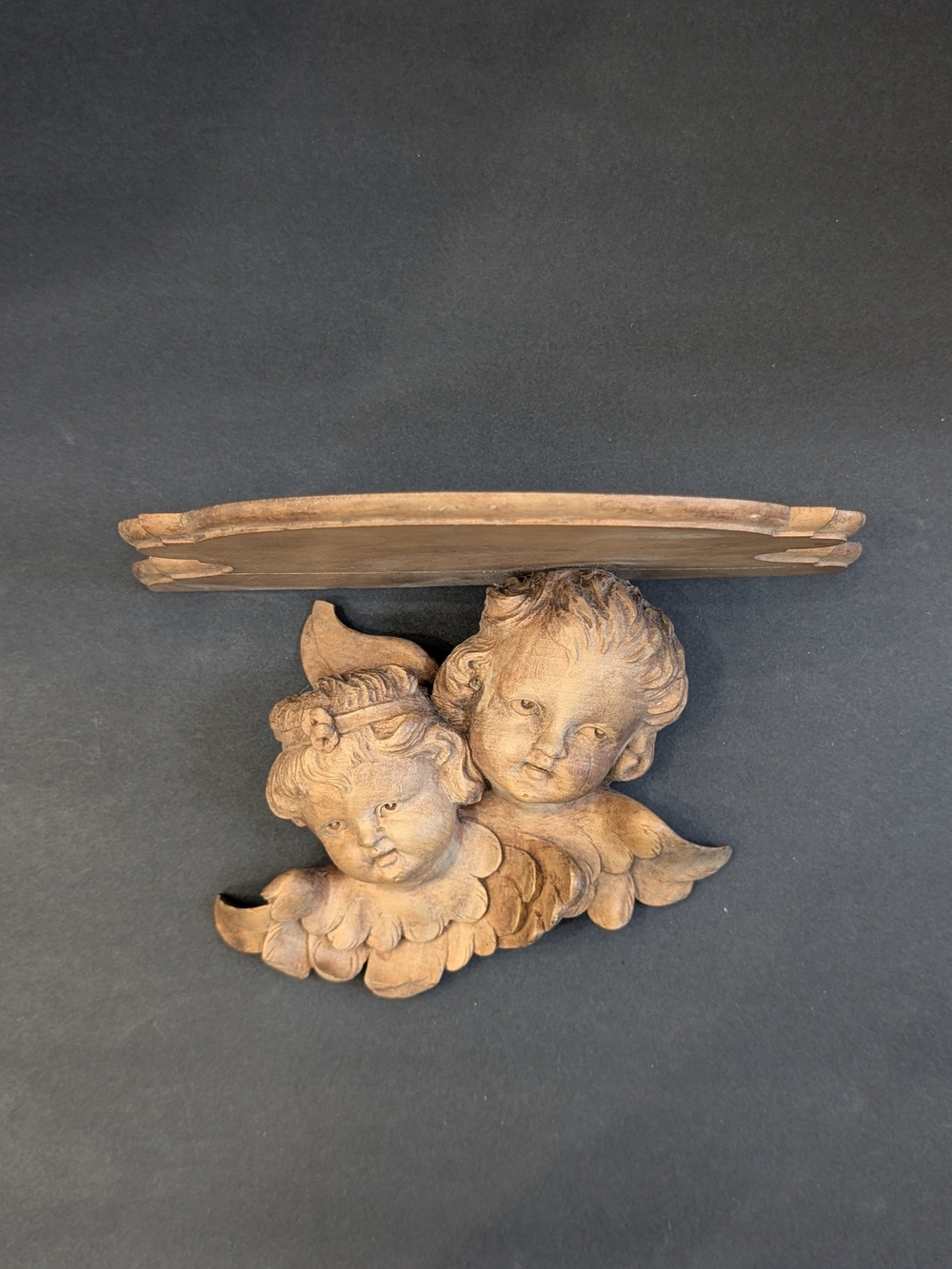Vintage Wooden cherub wall shelf with two carved angels Home Wall Decor
